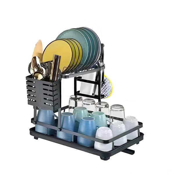 2Tier Detachable Dish Rack and Draining Board Set with Utensil Holder